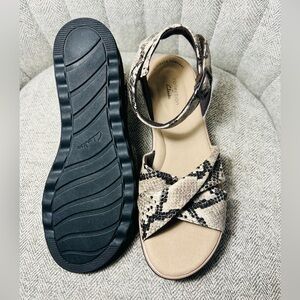 Clarks Snake-Print Ankle-Strap Sandal in Beige and Black